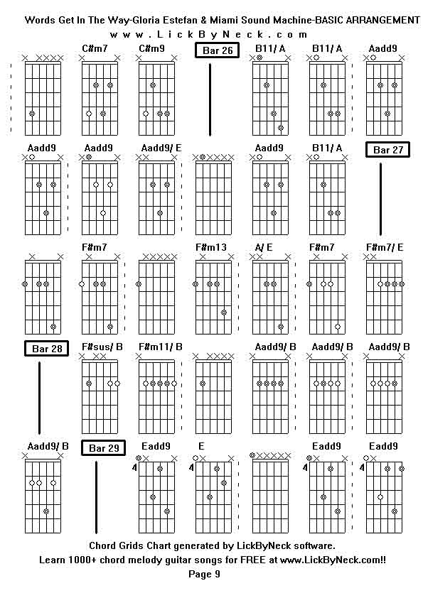 Chord Grids Chart of chord melody fingerstyle guitar song-Words Get In The Way-Gloria Estefan & Miami Sound Machine-BASIC ARRANGEMENT,generated by LickByNeck software.